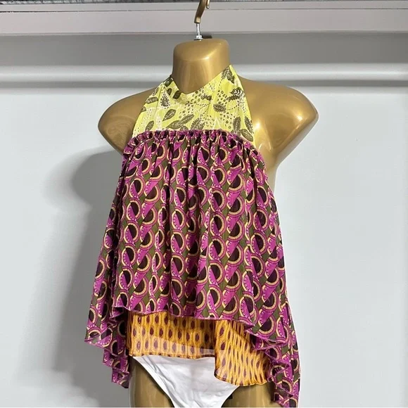 Zara Mixed Print Halter Top – Boho Sleeveless Blouse XS Layered - Picture 2 of 9